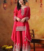Hot pink chinon embroidered sharara set