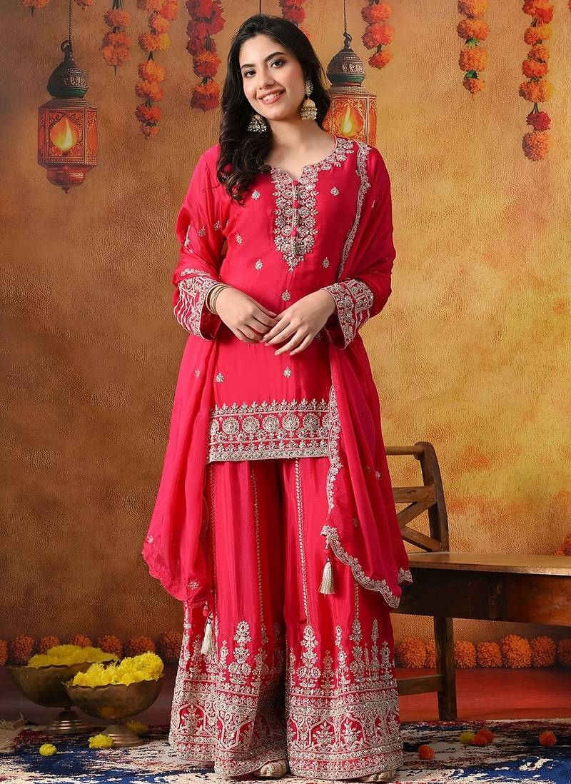Hot pink chinon embroidered sharara set