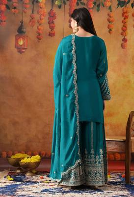 Dark blueish green chinon embroidered sharara set 5