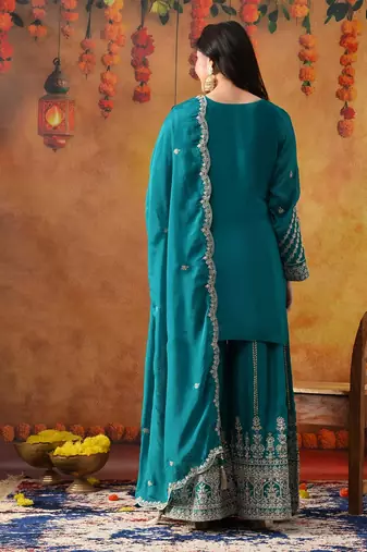 Dark blueish green chinon embroidered sharara set