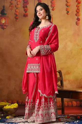 Hot pink chinon embroidered sharara set
