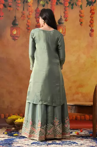 Mint green crepe embroidered sharara set