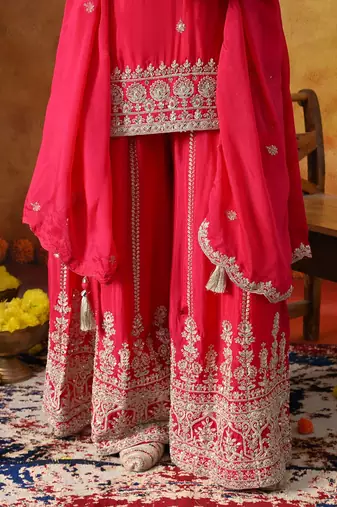 Hot pink chinon embroidered sharara set