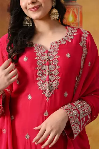 Hot pink chinon embroidered sharara set