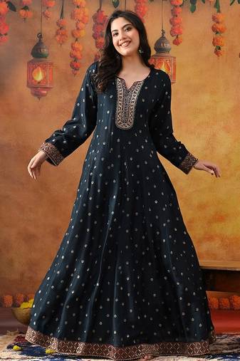 Navy blue silk woven anarkali