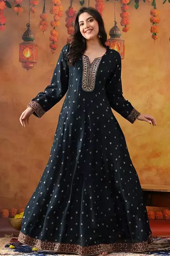 Navy blue silk woven anarkali