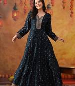 Navy blue silk woven anarkali