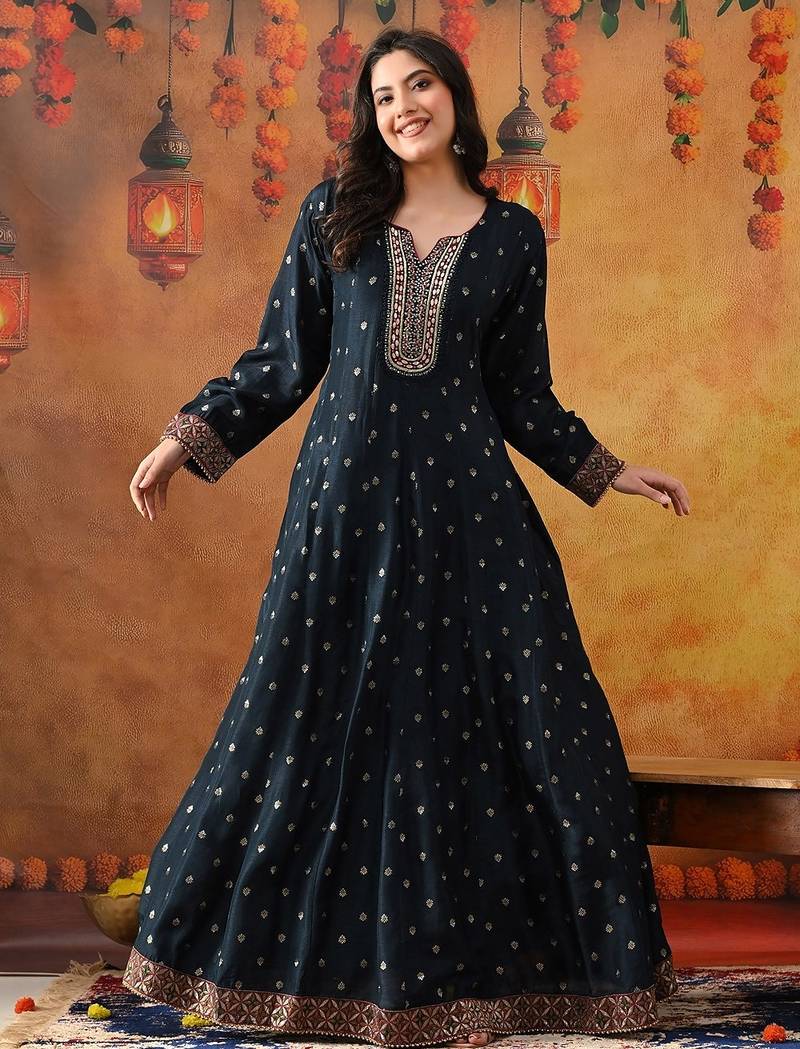Navy blue silk woven anarkali