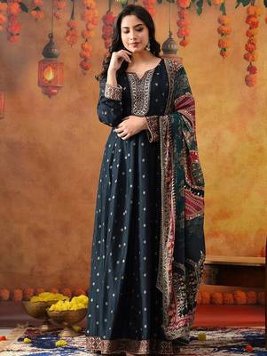 Navy blue silk woven anarkali 2