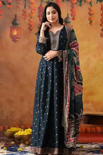 Navy blue silk woven anarkali