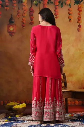 Hot pink chinon embroidered sharara set