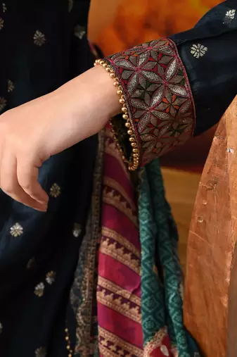 Navy blue silk woven anarkali