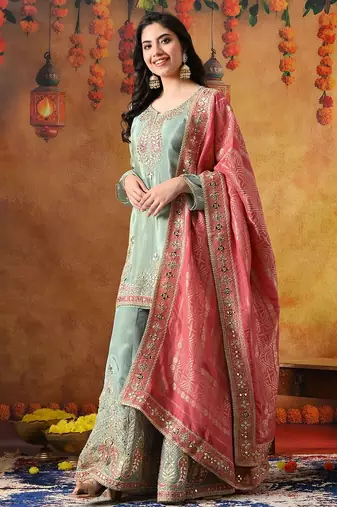 Light blue tissue crepe embroidered sharara set