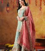 Light blue tissue crepe embroidered sharara set