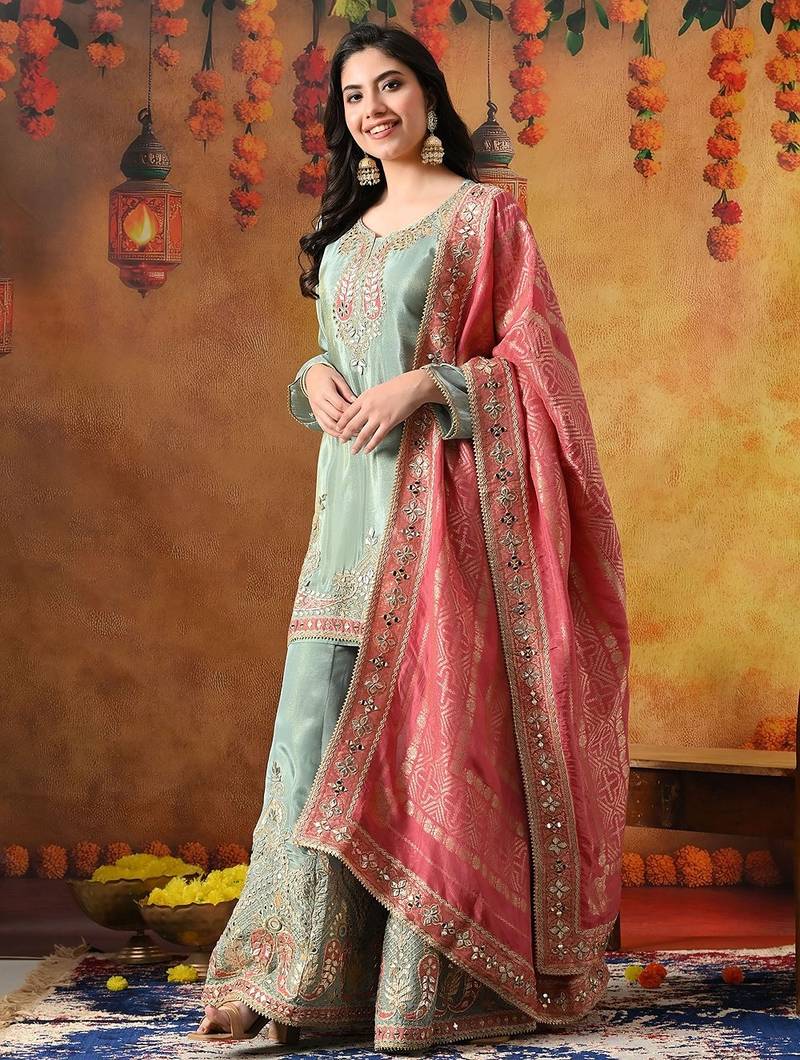 Light blue tissue crepe embroidered sharara set