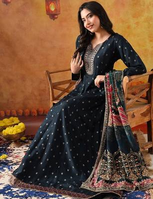 Navy blue silk woven anarkali 4