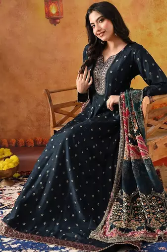 Navy blue silk woven anarkali
