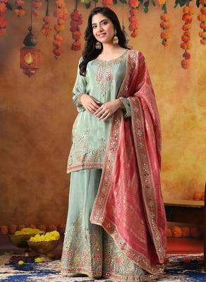 Light blue tissue crepe embroidered sharara set 2