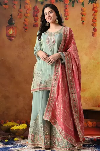 Light blue tissue crepe embroidered sharara set
