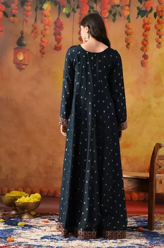 Navy blue silk woven anarkali