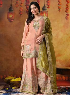 Peach tissue crepe embroidered sharara set 1