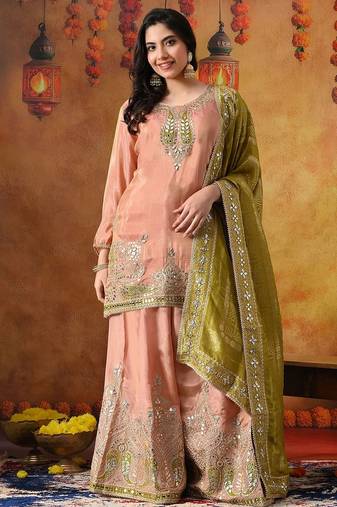 Peach tissue crepe embroidered sharara set