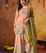 Peach tissue crepe embroidered sharara set