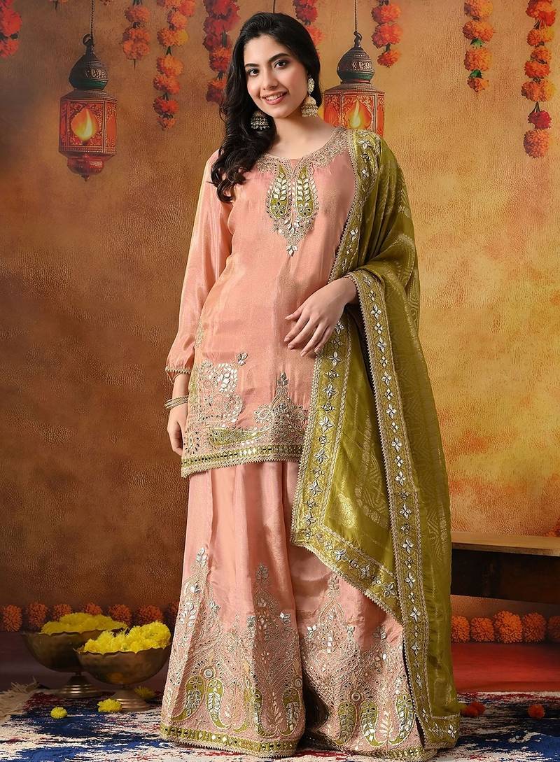 Peach tissue crepe embroidered sharara set