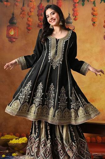 Black crepe embroidered gharara set