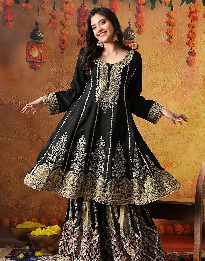 Black crepe embroidered gharara set