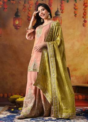 Peach tissue crepe embroidered sharara set 2