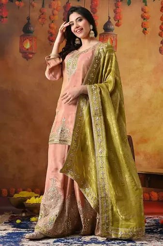 Peach tissue crepe embroidered sharara set