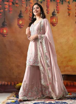 Light pink chinon embroidered sharara set 1