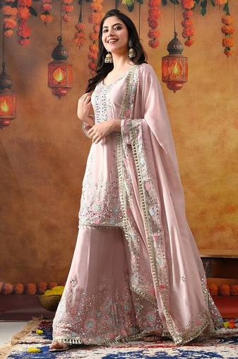 Light pink chinon embroidered sharara set
