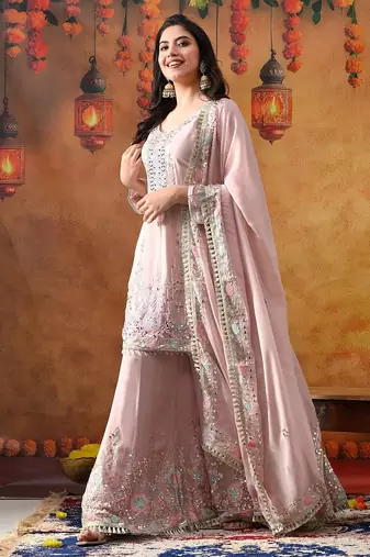 Light pink chinon embroidered sharara set