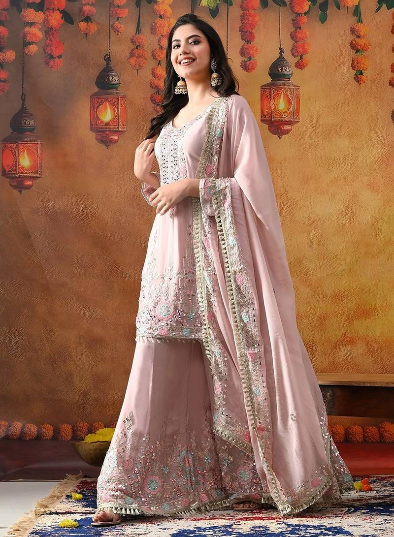 Light pink chinon embroidered sharara set