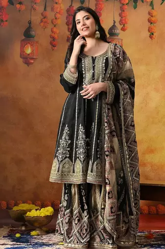 Black crepe embroidered gharara set