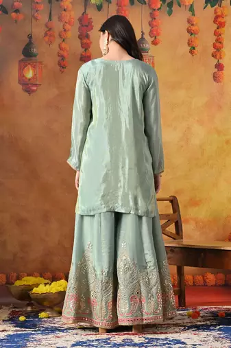 Light blue tissue crepe embroidered sharara set