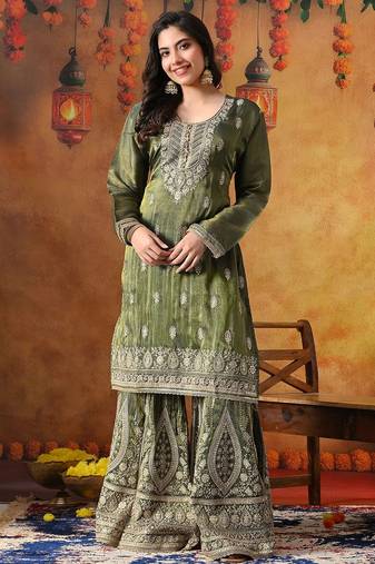 Green tissue crepe embroidered gharara set