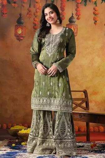 Green tissue crepe embroidered gharara set