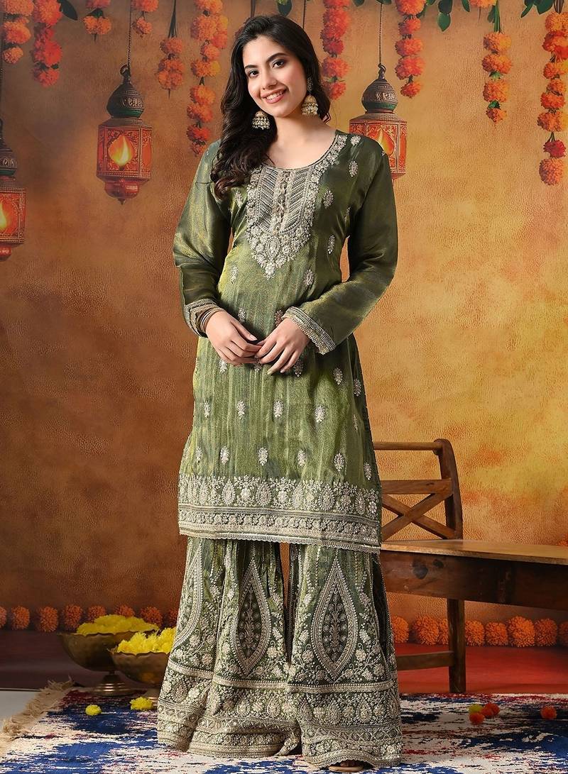 Green tissue crepe embroidered gharara set