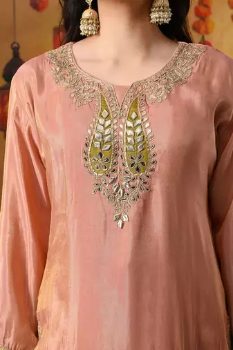 Peach tissue crepe embroidered sharara set