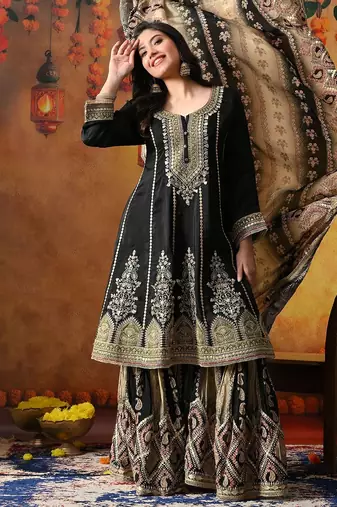 Black crepe embroidered gharara set