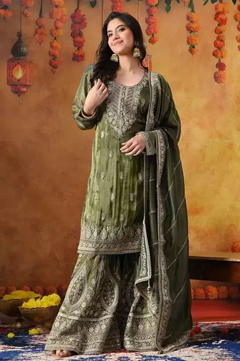 Green tissue crepe embroidered gharara set