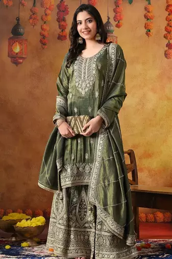 Green tissue crepe embroidered gharara set