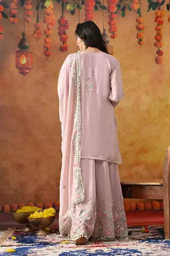 Light pink chinon embroidered sharara set