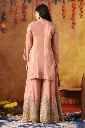 Peach tissue crepe embroidered sharara set