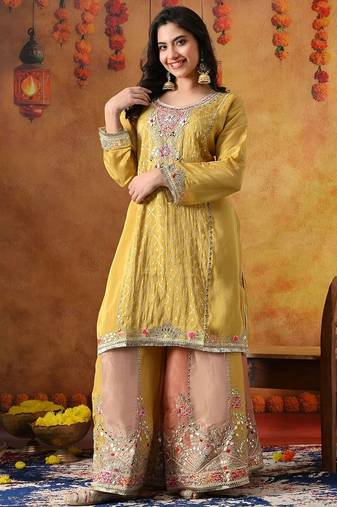 Yellow crepe embroidered sharara set