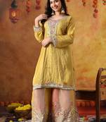 Yellow crepe embroidered sharara set