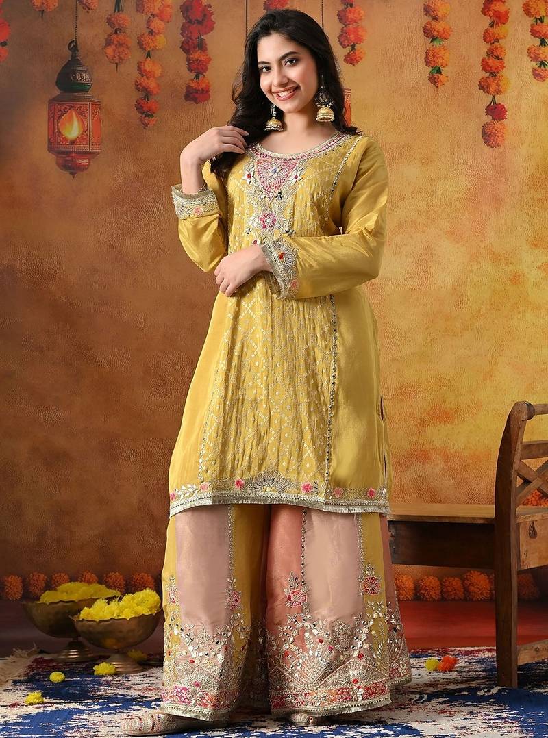 Yellow crepe embroidered sharara set